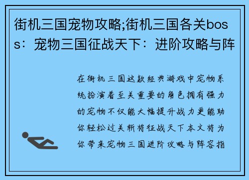 街机三国宠物攻略;街机三国各关boss：宠物三国征战天下：进阶攻略与阵容指南